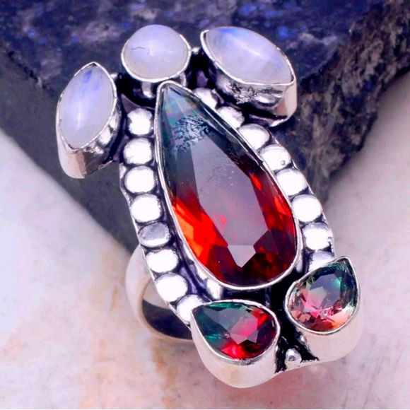 New Bi-Color Tourmaline and Rainbow Moonstone 925 Silver Ring. - Picture 5 of 14